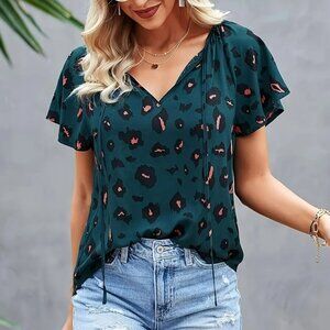 Teal and Pink Sheer Short Sleeve shirt Never worn